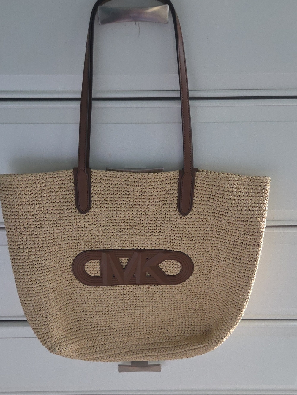 Michael Kors Cream Straw Tote with Brown Trim